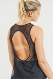 Sheer Lattice Mesh Muscle Tank with Floral Back and Cutout